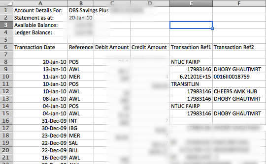 DBS Bank's CSV output - shown in Excel