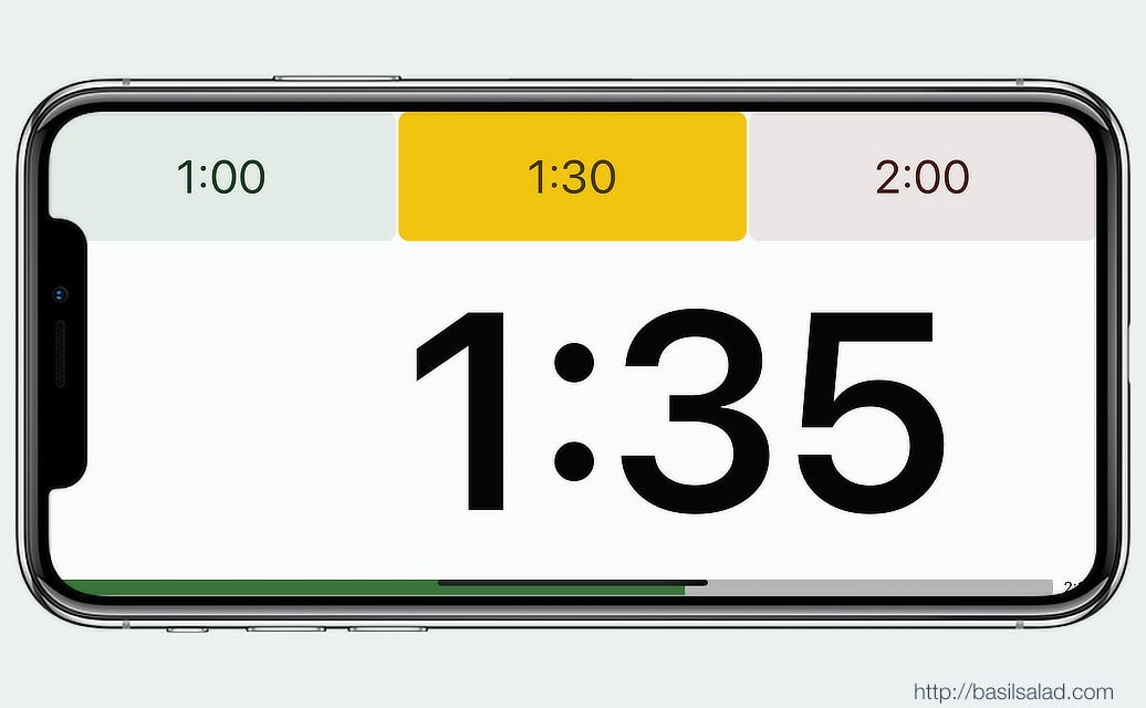 Speech Timer on iPhone X landscape — timer screen at yellow time mark